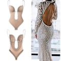 Miniatyrbillede 1 af 5: Dame Dyb V-udskæring Body Shaper Rygløs BH Bodysuit Shapewear U Dyb Sømløs Hel Body Skin M