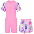 Miniatyrbild 1 av 2: Barn Flickor Badkläder Strandkläder Set Dragkedja Fram Tecknad Graffiti Tryck Lapptäcke Jumpsuit Med Kjol Utslags Skydd Baddräkt Pink Graffiti 4XL