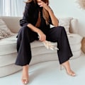 Miniatyrbild 3 av 3: Lös Dam Enfärgad Outfit Skjorta Toppar + Elastisk Hög Midja Vida Ben Byxor Set Lös Vardaglig Arbete Lounge Kläder Black L