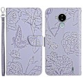 Miniatyrbilde 1 av 5: For Nokia C30 Sommerfugl Blomster Preging Pu Lær Telefon Shell, Fallsikker Mønster Preging Design Lommebok Stativ Veske Med Praktisk Stropp Light Purple