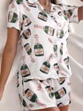 Champagne Flaskor Knapp Pyjamas Set Kvinnor Tryckt Kortärmad 2 Delar Mjuk Lös Casual Nattkläder L