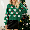 Miniatyrbillede 3 af 3: Dame Julemands Strikket Sweater Rund Hals Langærmet Sjov Pullover til Efterår Vinter Grøn XL