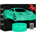 Miniatyrbilde 1 av 5: Sportsbil 3D Illusjonslampe Nattlampe for Barn, Gutter Jenter Bilgaver, 16 Fargeskiftende Fjernkontroll, Racing Fan Bursdagsgave Leketøy Gutter
