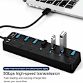 Miniatyrbillede 2 af 5: USB 3.0 Hub 7 Porte 5Gbps - Individuelle Kontakter, MacBook/PC Kompatibel - Plug & Play, Kompakt Design 17x4.5x2cm
