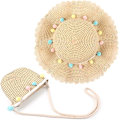Pikkukuva 1 / 5: Tyttöjen aurinkohattu ja mini crossbody -laukkusetti, kesäranta olkihattu ja minilaukku setti, lapsille tytöille loma ulkoilu matkailu