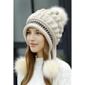 Miniatyrbild 2 av 5: Damhattset Fluffig Vintermössa Stickad Beanie Utomhus Plyschfodrad Rysshatt Pompom Öronlapp med Vantar, beige Beige