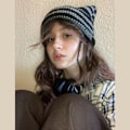 Miniatyrbillede 5 af 5: Katte Beanie Hæklet Hatte med Ører Strikket Stribet Vinter Varmt Elastisk Kasket, Sort og Grå Black and Grey