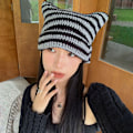 Miniatyrbillede 4 af 5: Katte Beanie Hæklet Hatte med Ører Strikket Stribet Vinter Varmt Elastisk Kasket, Sort og Grå Black and Grey