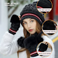 Miniatyrbild 5 av 5: Damhattset Fluffig Vintermössa Stickad Beanie Utomhus Plyschfodrad Rysshatt Pompom Öronlapp med Vantar, svart black