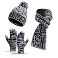 Miniatyrbild 1 av 4: Höst & Vinter Ny Stickad Ullfärgad Hatt, Tjockare Halsduk Touch Screen Vantar Tre-Delat Set Navy Blue