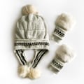Miniatyrbild 4 av 5: Damhattset Fluffig Vintermössa Stickad Beanie Utomhus Plyschfodrad Rysshatt Pompom Öronlapp med Vantar, beige Beige
