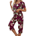 Miniatyrbillede 4 af 5: Dames Pyjamas 2-delt Søvn Tøj Kortærmet T-shirt & Capri Bukser Rød Red M