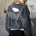 Miniatyrbillede 5 af 5: Langærmet denimjakke til kvinder med frynser Sort Black XL
