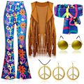 Miniatyrbillede 1 af 2: Boheme vide bukser, frynser vest, pandebånd, fredssymboler - tilbehør til kvinder, fred, kærlighed, hippie, flot kjole, 70'er disco outfit Hippie M Hippie