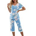 Miniatyrbillede 3 af 5: Dames Pyjamas 2 Dele - Nattøj med Kortærmet T-shirt & Capribukser - Blå Print Blue Print L