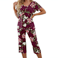 Miniatyrbillede 3 af 5: Dames Pyjamas 2-delt Søvn Tøj Kortærmet T-shirt & Capri Bukser Rød Red M