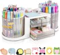 (SC) Rotating Desk Organizer with 2 Pen Holders, Multifunctional Pen Organizer with 3 Drawers, 10 Compartments for Pens