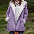 Miniatyrbilde 2 av 6: Vinterjakke for kvinner på salg - Pluss Størrelse, Fleecefôret Jakke med Hetter, Lommer, Ull, Avslappet, Hetter, Hornknapper, Avslappet, Varm Jakke, Trench 5XL 01 Purple