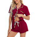 Miniatyrbild 1 av 6: Kvinnors Pyjamas Set Kortärmad Nattkläder Dam Button Down Nattkläder PJ Set med Ficka L Wine Red