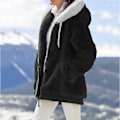 Miniatyrbillede 4 af 7: Hættejakke til kvinder, Teddy Fleece-frakke, Overgangsjakke med hætte og lommer, lynlås, efterår, vinter, plysjakke, fleecejakke, vinter 4XL A Black