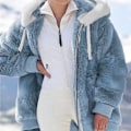 Miniatyrbilde 4 av 7: Hettejakke Dame Teddy Fleece Frakk Overgangsjakke med Hette med Lommer Glidelås Høst Vinter Plysj Jakke Fleece Jakke Vinter L A Blue