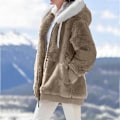 Miniatyrbillede 3 af 7: Hættejakke til kvinder, Teddy Fleece-frakke, Overgangsjakke med hætte og lommer, lynlås, efterår, vinter, plysjakke, fleecejakke, vinter 3XL D Khaki