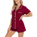 Miniatyrbild 2 av 6: Kvinnors Pyjamas Set Kortärmad Nattkläder Dam Button Down Nattkläder PJ Set med Ficka L Wine Red