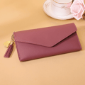 Plånbok för kvinnor, läder, multi-kort, liten plånbok med tofsar, tredelad plånbok, kortfodral, myntplånbok Dark Pink Long