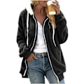 Miniatyrbillede 1 af 7: Hættejakke til kvinder, Teddy Fleece-frakke, Overgangsjakke med hætte og lommer, lynlås, efterår, vinter, plysjakke, fleecejakke, vinter 4XL A Black