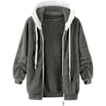 Miniatyrbilde 3 av 7: Hettejakke Dame Teddy Fleece Frakk Overgangsjakke med Hette med Lommer Glidelås Høst Vinter Plysj Jakke Fleece Jakke Vinter 4XL C Grey
