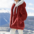 Miniatyrbillede 3 af 7: Hættejakke Dame Teddy Fleece Frakke Overgangsjakke med Hætte med Lommer Lynlås Efterår Vinter Plys Jakke Fleece Jakke Vinter XL A Red