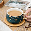 Miniatyrbillede 4 af 5: Porcelæns Tekop Kaffekopsæt til Eftermiddagste - Marmormønster (Grøn, Kort 300ml + Træunderkop) Green