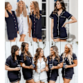Miniatyrbild 3 av 6: Kvinnors Pyjamas Set Kortärmad Nattkläder Dam Button Down Nattkläder PJ Set med Ficka S Navy Blue White Trim