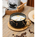 Miniatyrbillede 4 af 5: Porcelæns Tekop Kaffekopsæt til Eftermiddagste - Marmormønster (Sort, Kort 300ml + Træunderkop) Black