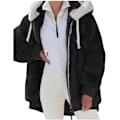 Miniatyrbillede 2 af 7: Hættejakke til kvinder, Teddy Fleece-frakke, Overgangsjakke med hætte og lommer, lynlås, efterår, vinter, plysjakke, fleecejakke, vinter 4XL A Black