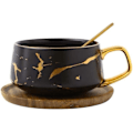 Miniatyrbillede 1 af 5: Porcelæns Tekop Kaffekopsæt til Eftermiddagste - Marmormønster (Sort, Kort 300ml + Træunderkop) Black