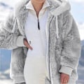 Miniatyrbild 4 av 7: Huva jacka dam teddy fleece kappa övergångsjacka med huva med fickor dragkedja höst vinter plysch jacka fleece jacka vinter XL D Grey