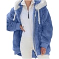 Miniatyrbillede 2 af 7: Hættejakke til kvinder, Teddy Fleece-frakke, Overgangsjakke med hætte og lommer, lynlås, efterår, vinter, plysjakke, fleecejakke, vinter 3XL B Blue