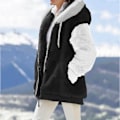 Miniatyrbillede 3 af 7: Hættejakke til kvinder, Teddy Fleece-frakke, Overgangsjakke med hætte og lommer, lynlås, efterår, vinter, plysjakke, fleecejakke, vinter 4XL E Black