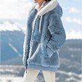 Miniatyrbilde 3 av 7: Hettejakke Dame Teddy Fleece Frakk Overgangsjakke med Hette med Lommer Glidelås Høst Vinter Plysj Jakke Fleece Jakke Vinter 4XL A Blue