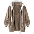 Miniatyrbillede 5 af 7: Hættejakke til kvinder, Teddy Fleece-frakke, Overgangsjakke med hætte og lommer, lynlås, efterår, vinter, plysjakke, fleecejakke, vinter 3XL D Khaki