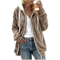 Miniatyrbilde 1 av 7: Hettejakke Dame Teddy Fleece Frakk Overgangsjakke med Hette med Lommer Glidelås Høst Vinter Plysj Jakke Fleece Jakke Vinter S D Khaki