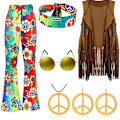 Miniatyrbillede 1 af 4: 70'er Hippie fest retro kostume kvast vest+bukser+tørklæde kostume Farvegradient Farvegradient