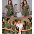 Miniatyrbillede 4 af 6: Dame Pyjamas Sæt Kortærmet Nattøj til Kvinder Natkjole med Knapper og Lommer S Army Green