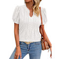 Miniatyrbild 2 av 4: Dam V-ringad Topp Korta Puffärmar Lös Passform Jacquard Casual T-shirt för Sommarbruk Vit XL