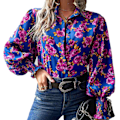 Miniatyrbild 2 av 4: Dam Shirred Tryckt Blus Lykta Ärm Tryckt Skjorta Nedvikt Krage Knappstängning Långärmad Mode Casual Blus Blå S