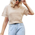 Miniatyrbild 2 av 4: Dam Kortärmad Rundhals Stickad Tröja Enfärgad Lös Passform Sweater Pullover Topp Khaki L