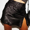 Miniatyrbillede 5 af 5: Højtaljet Skørt med Slids i Siden, Hip Wrap, Lynlås, Moderigtig, Komfortabel, Jacquard Satin Skørt til Kvinder, Sort, L