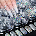 Miniatyrbild 5 av 8: Holografiska Nagelkonst Paljetter, DIY Nagelkonst Glitter Ädelsten för Iögonfallande Naglar, 8 Ask Silver Metallic Glänsande Flakes med Säker Hudvänlig Formula