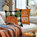 Miniatyrbild 3 av 5: Polyester Faux Linne Fyrkantiga Kuddfodral, Buffelrutig Pumpadesign för Höstdekoration, 45x45 cm (Set med 4)